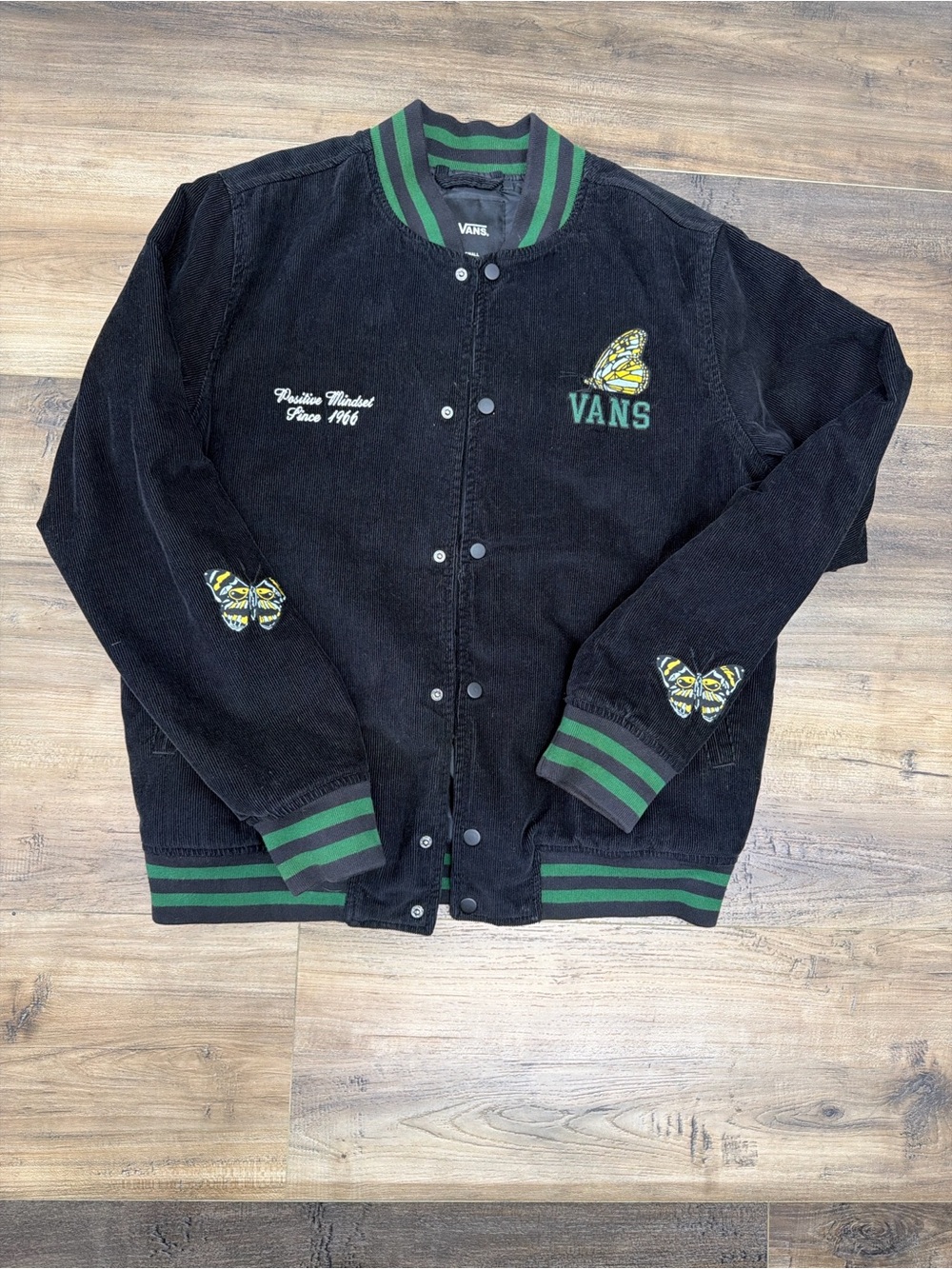 Vans Black Corduroy Bomber Jacket with Green Striped Trim